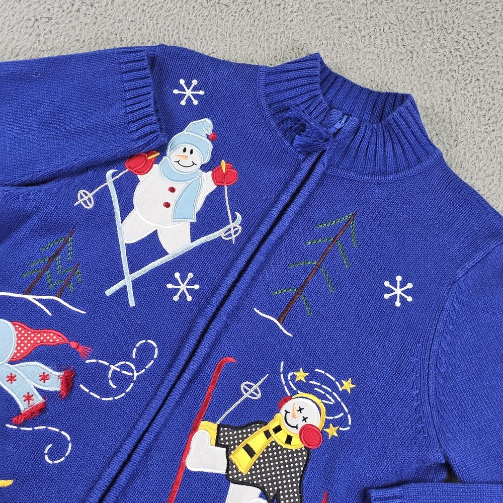 Dressbarn Sweater Womens Medium Blue Zip Cardigan Snowman Ski Christmas Holiday